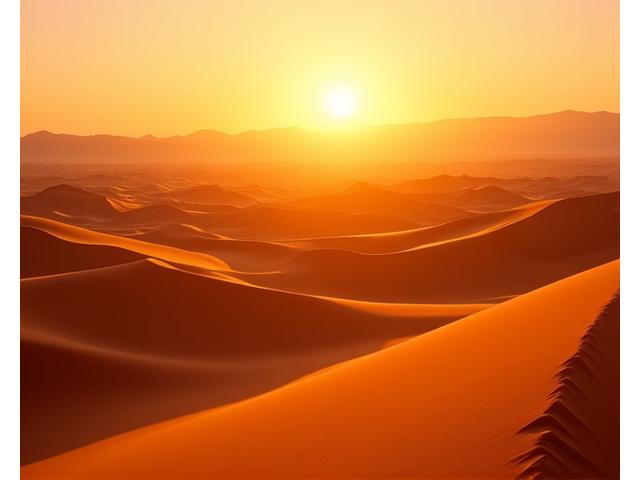 Sweeping view of desert dunes under a dramatic golden hour sky